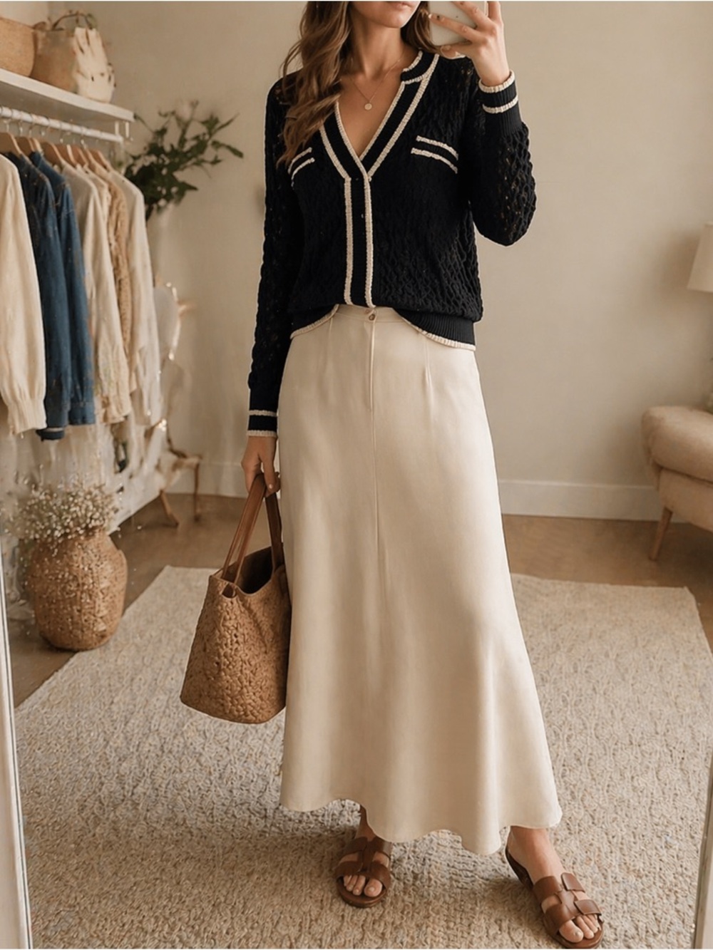 Heartloom 100% Cotton Open Weave Knit Pullover Sweater Black Contrast Trim M